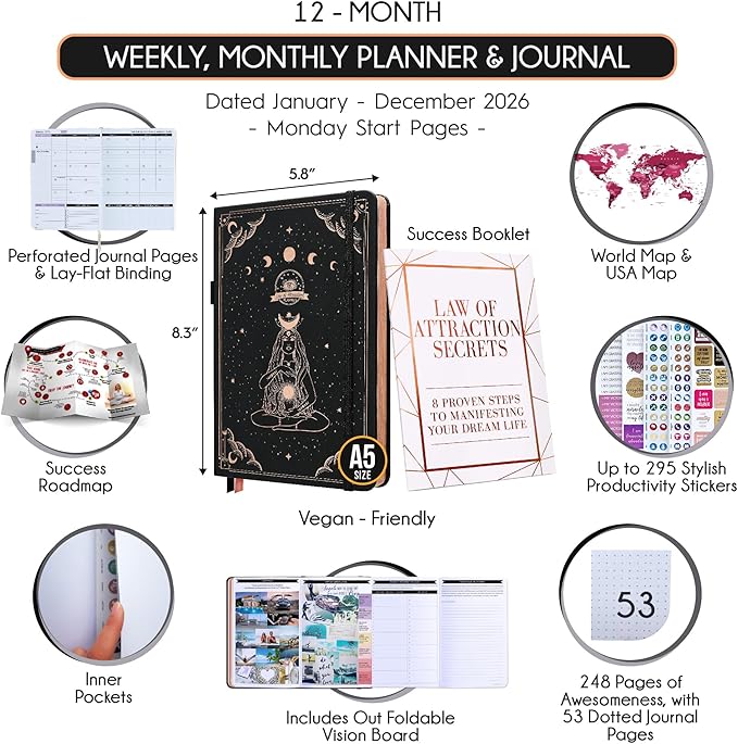 Law of Attraction Planner 2026 Deluxe with Productivity App | Weekly & Monthly Goal-Setting Planner, Life & Gratitude Journal | Include Foldable Vision Board, Gift Box & Stickers