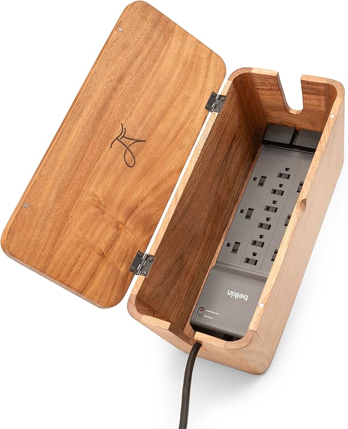 Large Cable Management Box - Acacia Wood - Cable Organizer Box and Power Strip Box for Electrical Cord Management - Hide Desk Cord and Floor Cables - Wire Storage and Organization for Cords