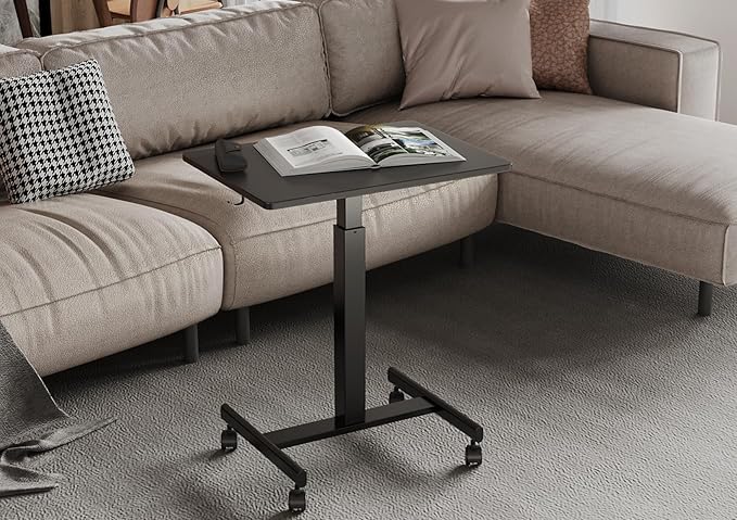 YDN Mobile Mobile Standing Desk, Adjustable Height Portable Laptop Desk with Lockable Wheels, 25.5" x 18.8" Rolling Desk with Hook for Computer Workstation, Black