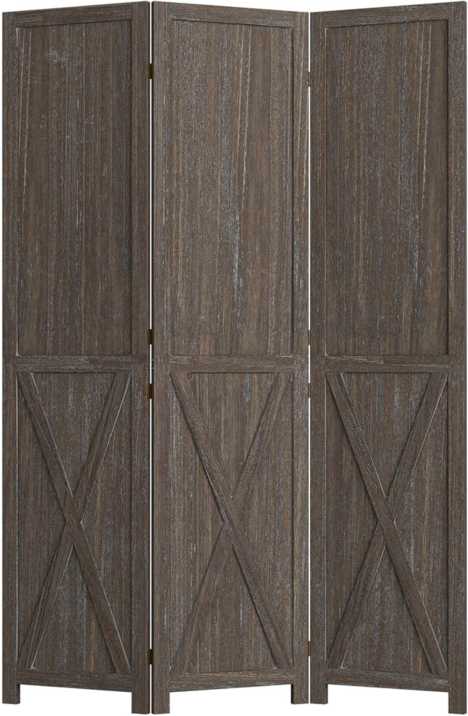 Cozy Castle Wood Room Divider, 3 Panels Folding Privacy Screen, 66.9'' Wall Divider, Barnwood Room Separator, Freestanding Partition, Temporary Wall for Decorative, Rustic Brown