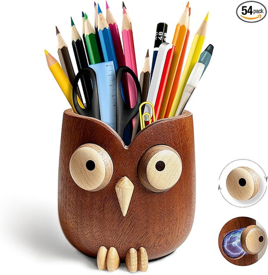 WODTILIFE Cute Owl Pen Holder for desk, funny wooden pencil holder with Magnetic Rotating Eyes, Ebony solid wood hollow design, for Office accessories School Home and Holiday Gifts.(Brown)