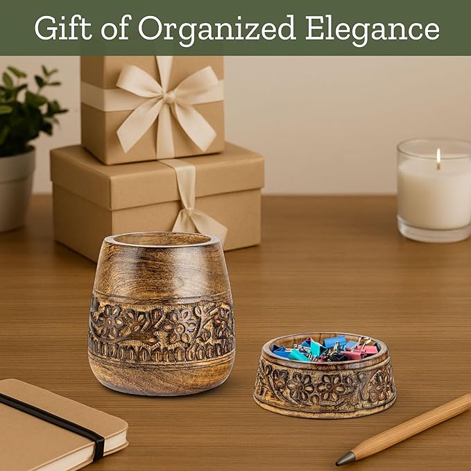 Mie Creations Wooden Desk Organizer Set of 2 Pen Holder, Paper Clip Storage, Office Desktop Table Decor, Floral Rustic Wood Pencil Cup & Paperclips Dispenser, Aesthetic Desk Accessories For Women, Men
