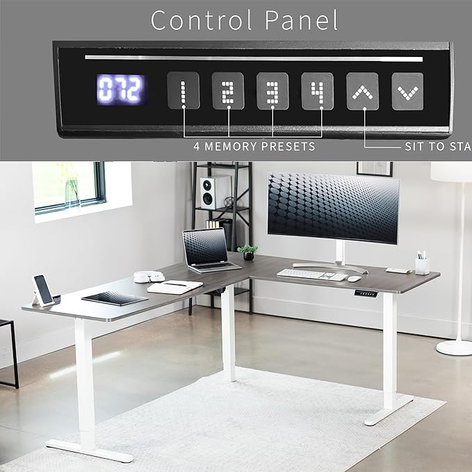 VIVO Electric Corner 75 x 63 inch L-Shaped Standing Desk, Memory Height Adjustment, Dark Gray Top White Frame, DESK-E3CTWG-75