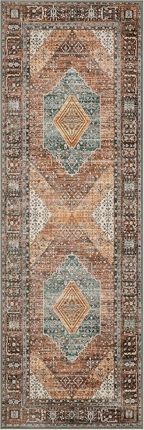 GENIMO 2x5 Runner Rugs for Hallway, Machine Washable Non Slip Vintage Retro Rugs, Low Pile Lightweight Soft Print Rug for enrtyway, Corridor, Home Office, Kitchen, VVintage Brown/Blue