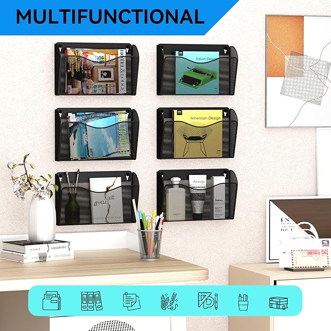 GDINDINFAN 3 Single Pocket Wall File Holder, Mesh Hanging File Folder Paper Organizer, Vertical Wall Mounted Mail Basket, Storage Organization Magazine Rack for Office, Home and School, Black