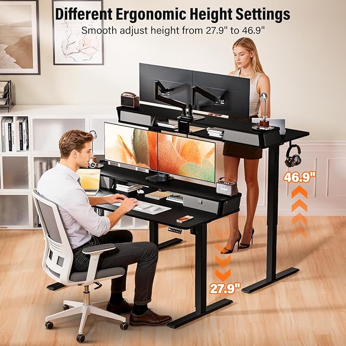 Kingant 55 x 24 Inch Electric Standing Desk with Dual Drawers, Height Adjustable Sit to Stand Computer Desk with Storage Shelf and C-Clamp Mount Compatibility for Home Office, Black
