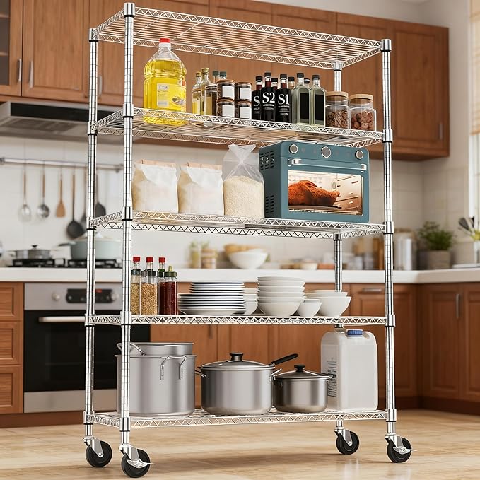 M MZG 5 Tiers Shelf 1750 lbs Steel Storage Shelving Utility Shelving Unit Steel Organizer Wire Rack for Home,Kitchen,Office,Garage Chrome 17.7" D x 47.2" W x 76.8" H
