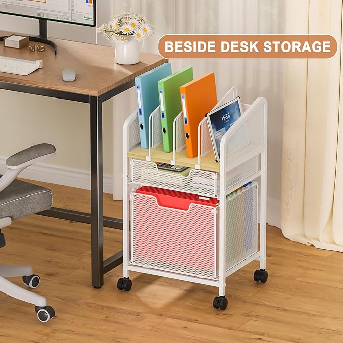 Rolling File Cabinet with Adjustable Dividers, Mobile Filing Cabinet with 2 Storage Drawers on Lockable Wheels, Hanging File Organizer Beside Under Desk for Office, Home, White（Patent Pending）