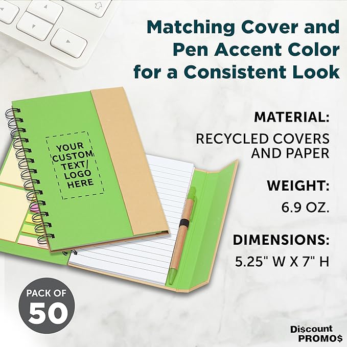 DISCOUNT PROMOS Custom Eco Friendly Spiral Notebooks with Pens Set of 50, Personalized Bulk Pack - Perfect for School, Office, Home - Green