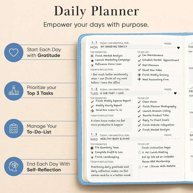 2026 Planner, Daily Journal & Gratitude Journal All-In-One with To Do List, Self Care Prompts & Habit Tracker - 5.8 x 8.3 - Blue