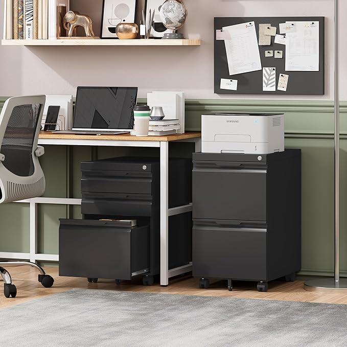LONGLINK 2 Drawer Mobile File Cabinet with Lock,Under Desk Metal Filing Cabinets with Wheels for Home Office Organizer Letters/Legal/A4(Easy Assemble-Black)