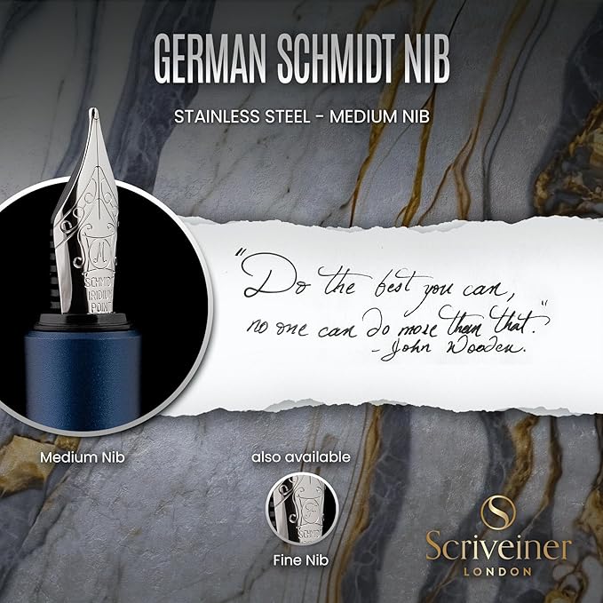 Scriveiner Personalized Luxury EDC Fountain Pen (Medium), Stunning Matt Blue Pocket Pen, Chrome Finish, Schmidt German Nib, Best Engraved Fountain Pen Gift Set for Men & Women, Name Engraving