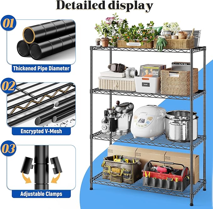 DurayLoly 4- Shelf Metal Shelving Unit Adjustable Storage Shelves Heavy Duty Garage Shelving Steel Wire Shelving for Laundry Bathroom Kitchen Pantry Closet Garage Black, 35.6Wx16Dx54H
