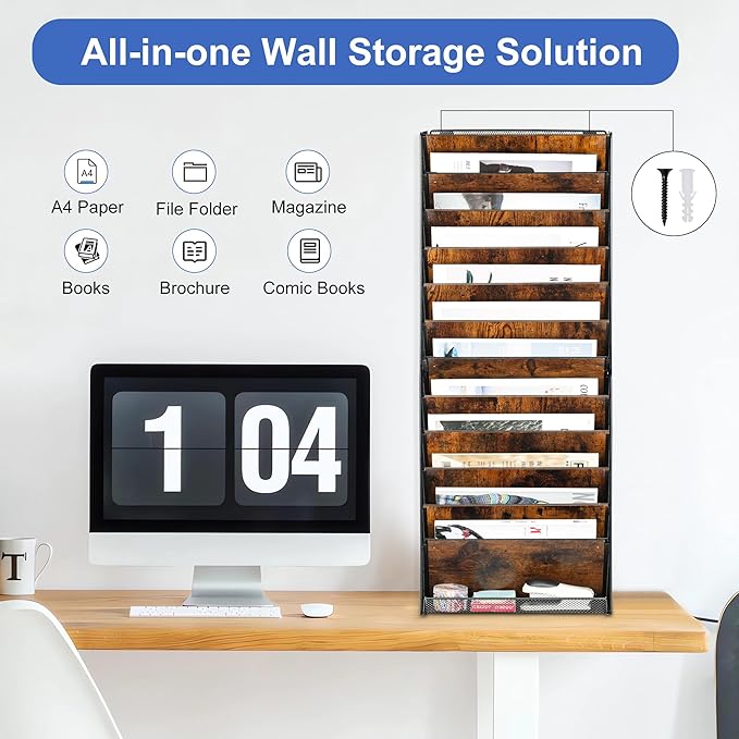 Solinxe 12-Tier Wall File Organizer, Wood Mail Organizer Wall Mounted Paper Document Magazine Holder, Hanging Clipboard Storage Basket with Tray for Office Home School Organization, Black/Antique