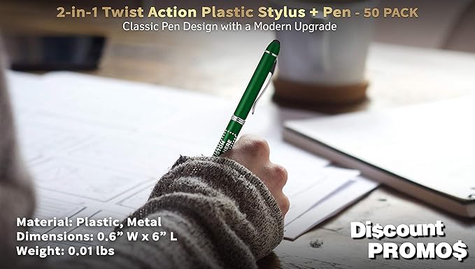 DISCOUNT PROMOS Custom Twist Action Plastic Stylus Pens, Set of 50, Personalized Bulk Pack - Pens for Work, Cool Pens for Writing, Black Ink - Green