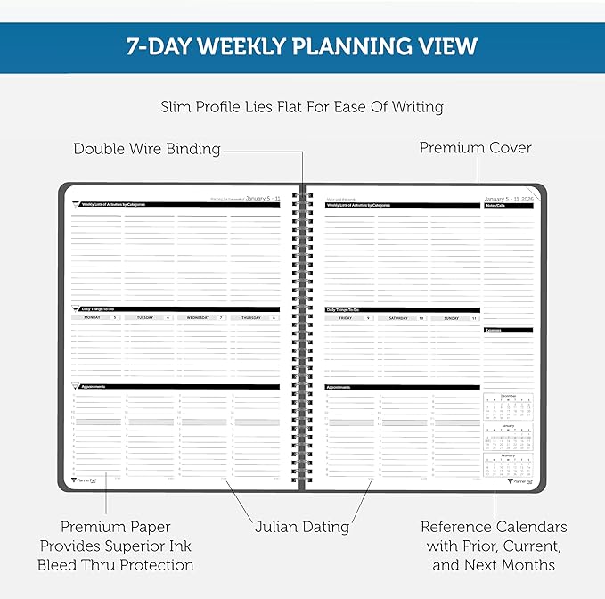 Planner Pad Spiral Bound January-December 2026/ Calendar Year 8 1/2" x 11" Large 3-Tier Funnel Down 12 Month Organizer, Black Cover/Black Ink