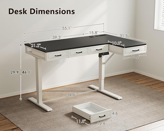 OffiGo L Shaped Electric Standing Desk with Wooden Drawers, 55 Inch Height Adjustable Corner Workstation with Power Outlets, Sit Stand Table for Home, Office, White+Black
