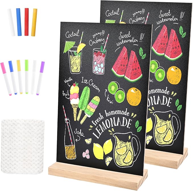Bouiexye 2 Pack 8.1x12 in Chalkboard Signs with Stand for Tables Small Chalk Board Signs Tabletop Message Board Sign with Wood Base for Home Decorations Coffee Shop Restaurant Kitchen Wedding Party