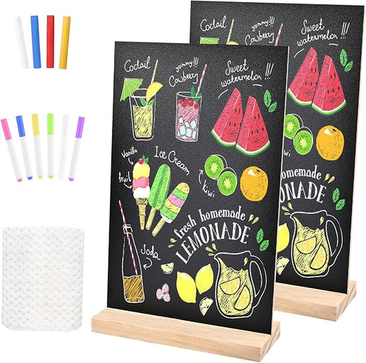 Bouiexye 2 Pack 8.1x12 in Chalkboard Signs with Stand for Tables Small Chalk Board Signs Tabletop Message Board Sign with Wood Base for Home Decorations Coffee Shop Restaurant Kitchen Wedding Party