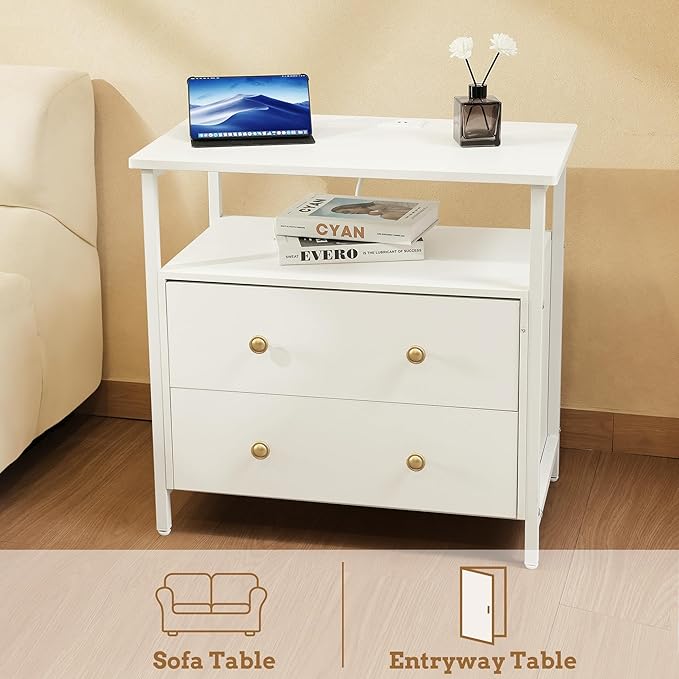Edbuosy 27 inch Wide Night Stand with Charging Station, Bedside Table with Open Shelf, 2 Drawers Small Wood Dresser, Modern Wood Nightstand for Bedroom/Living Room (White)