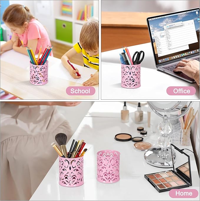 EasyPAG Pink Pen Holder for Desk, 2 Pack Round Pen Organizer, Brush Holder for Vanity, Metal Pencil Cup Organizer for Home, Office, Classroom, School