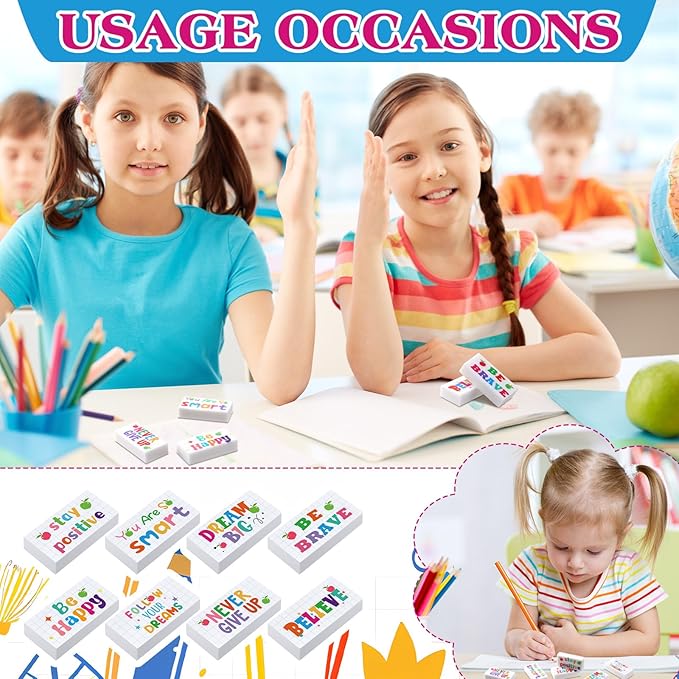 Dunzoom 100 Pcs Inspirational Pencil Erasers Bulk for Kids Fun Motivational Eraser School Supplies Back to School Office Supplies for Classroom Office Teacher Artists (Lovely)