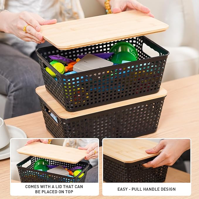Anywish Storage Bins with Lids 8 Packs, Plastic Storage Bins with Bamboo Lids for Pantry Organization and Storage Containers for Shelves Drawers Desktop Closet Playroom Classroom Office Home, Black