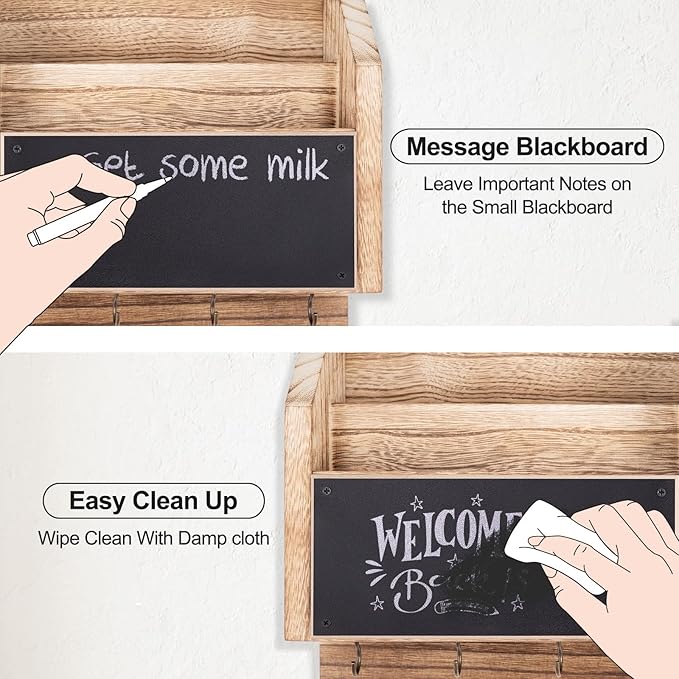 Lwenki Mail and Key Holder – Wall Mount Key Hanger with Shelf and 7 Metal Hooks – Decorative Natural Paulownia Wood Entryway Organizer with Mounting Hardware (16.5”W x 8.7”H x 3.5”D) (Wood)