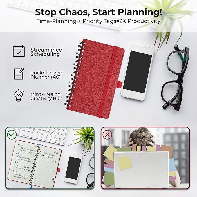 IN-LUXPRO Planner 2026 Daily Weekly and Monthly,6.5"x3.75",12 Months Spiral Bound Calendar Agenda with Self-adhesive Pen Holder,2026 Appointment Book with Vegan Leather Soft Cover,Red