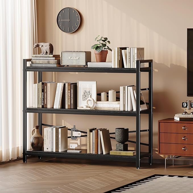 3 Tier Bookshelf 39.37" Width, Dorm Desk Hutch, Desk Shelf, Long Industrial Bookcase, Wooden Large Book Shelf for School Home Living Room Bedroom Office Storage(Black)