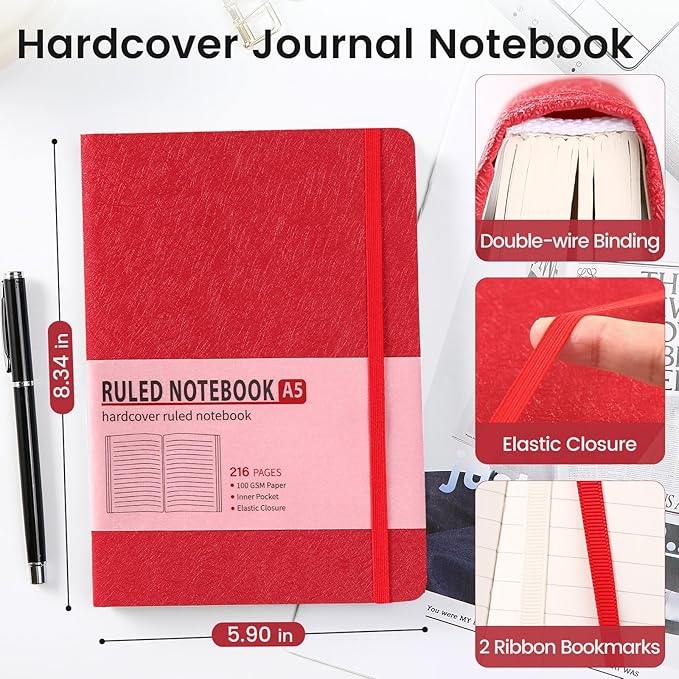 TSFPapier Lined Journal Notebook for Women Men 216 Pages A5 Hardcover Journals for Writing Daily Journaling Notebook for Work, School, Note Taking, Business, Travel Red