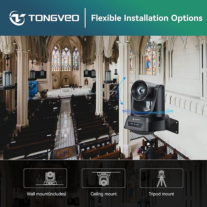 TONGVEO 4K AI PTZ Camera with Auto Tracking and 20X Optical Zoom, Conference Room Webcam with HDMI/USB3.0/LAN/PoE, Ideal for Church Worship, Zoom Meetings, Live Streaming and Education