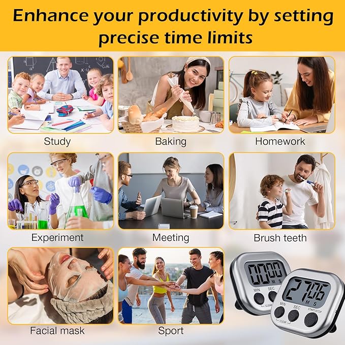 Leumoi 24 Pcs Digital Kitchen Timers Magnetic Back Timers Bulk Large Screen Loud Alarm On/Off Switch Minute Second Count up Countdown Memory Setting for Cooking Classroom Exercise (Sliver and Black)