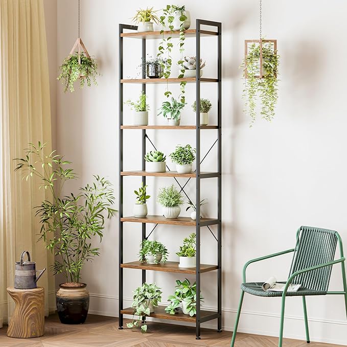 Casaottima Book Shelf, 7 Tier Tall Bookshelf, Modern Wood Bookcase Shelves for Bedroom, Industrial Display Shelf for Living Room Home Office Kitchen, Standing Shelving Unit Storage Organizer, Vintage