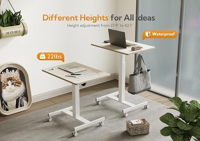 YDN Mobile Mobile Standing Desk, Adjustable Height Portable Laptop Desk with Lockable Wheels, 25.5" x 18.8" Rolling Desk with Hook for Computer Workstation, Natural