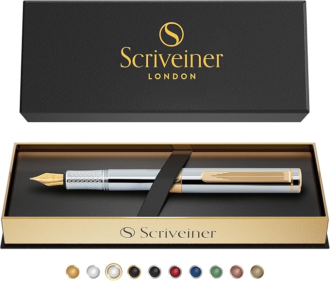 Scriveiner Silver Chrome Fountain Pen (Fine), Award Winning, Heavy Pocket Stunning Luxury Pen, Real Gold Plating and Genuine Schmidt Nib, Includes Converter, Fancy EDC Writing Gift Set for Men & Women