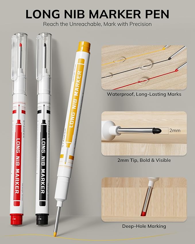 STAGEEK 3PCS Carpenter Pencils with Sharpener, Heavy Duty Woodworking Tools, Mechanical Pencil Set with 39 Refills, Deep Hole Long Nib Marker Pens for Architect Marking with Case (Red, Black, Yellow)
