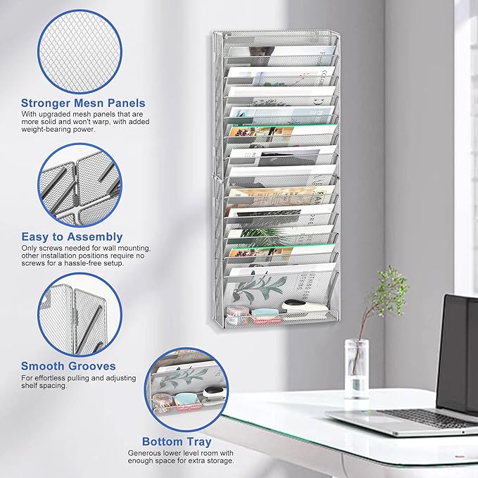 EasyPAG Wall File Holder 14 Tier Mesh Hanging Folder Organizer with Flat Tray Wall Mounted Mail Organizer Magazine Paper Desk Shelf with Nametag Label for Office Home School, Silver