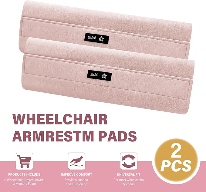 SPRING SEAON Wheelchair Armrest Covers (Pair) - Suede Velvet Memory Foam Accessories Pads for Wheelchair Arm Rest, Office Transport Chairs, Soft Support Cushion for Mobility Aids (Pink)