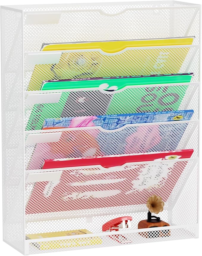 GDINDINFAN Hanging Wall File Organizer 6 Tier Wall Mounted File Holder Document Wall Organizer Magazine Organization for Office Home, White