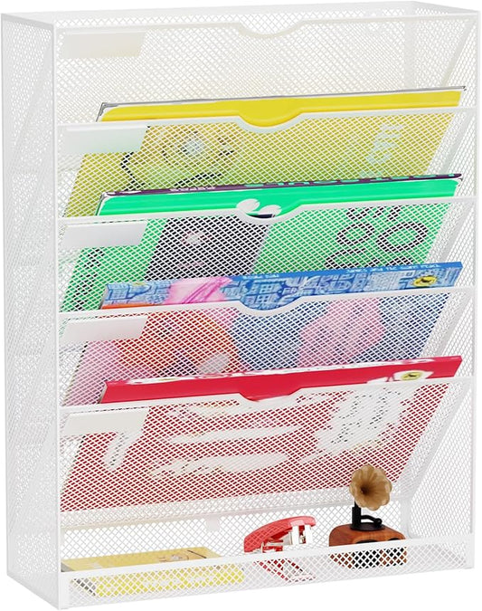 GDINDINFAN Hanging Wall File Organizer 6 Tier Wall Mounted File Holder Document Wall Organizer Magazine Organization for Office Home, White
