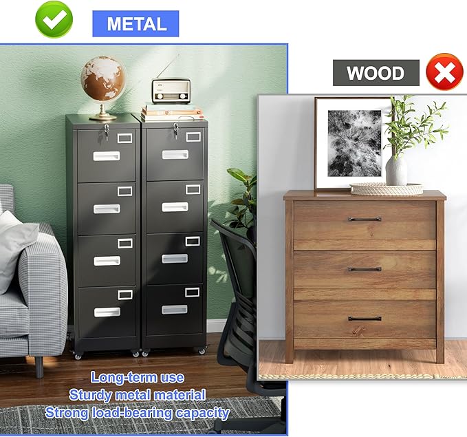 METAN 4 Drawer File Cabinet on Wheels, Lockable Metal Filing Cabinet with Handle and Name Card for Office Home,Assembly Required,Black