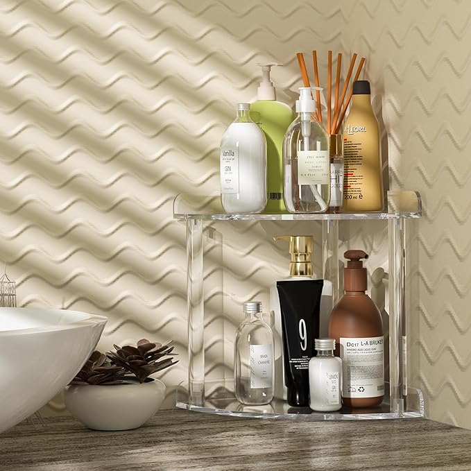 Sezanrpt 2 Tier Countertop Corner Organizer Shelf 7x7x8 Inch, Acrylic Bathroom Organizer Corner Shelf for Countertop, Clear Vanity Storage Organizer for Skincare, Cosmetics, Perfume