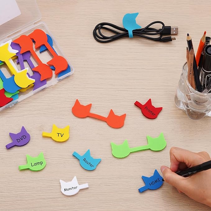 Trilancer Cord Labels Cable Label, Multicolored Handwriting Cord Tags - Kitty Head Shape Tags for Organizing Wires and Identification, Reusable with Multiple Uses - 32 PCS