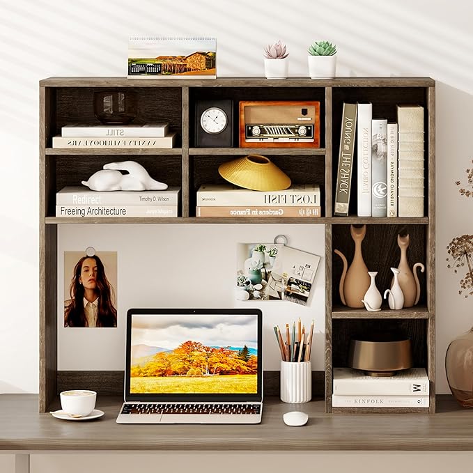 Tangkula Desktop Bookshelf, 37" Countertop Storage Hutch with 7 Cubes & 3 Adjustable Shelves, 3-Tier Desk Display Rack Organizer, Multipurpose Wood Desktop Hutch for Dorm Home Office (Grey)