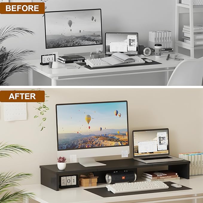 Qupui Dual Monitor Stand Riser, Large Computer Monitor Stand for Desk, Monitor Riser for 2 Monitors, Wood Desk Shelf for Top of Desk, Desktop Organizer for Computer, Laptop, Printer, TV