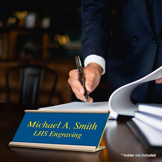 Engraved Door Signs for Office Personalized Blue Plastic Door Plaque with Yellow Letters - Made in USA 2x12 B20