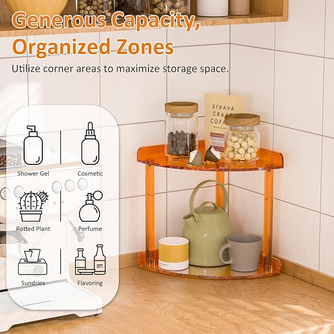 Sezanrpt 2 Tier Acrylic Corner Shelf Organizer Storage 9.5x9.5x8 Inch, Orange Countertop Corner Shelf for Bathroom, Kitchen, Bedroom, Office, Study Room