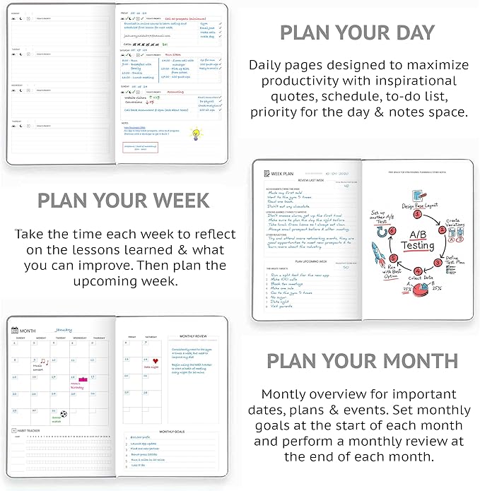 Wyze Planner Undated Daily Planner – 1-Year B5 Productivity Organizer with Two-Page Weekly Spread, Goal Setting, Habit Tracker, Weekly & Monthly Pages – Hardcover Time Management Notebook (Gray)