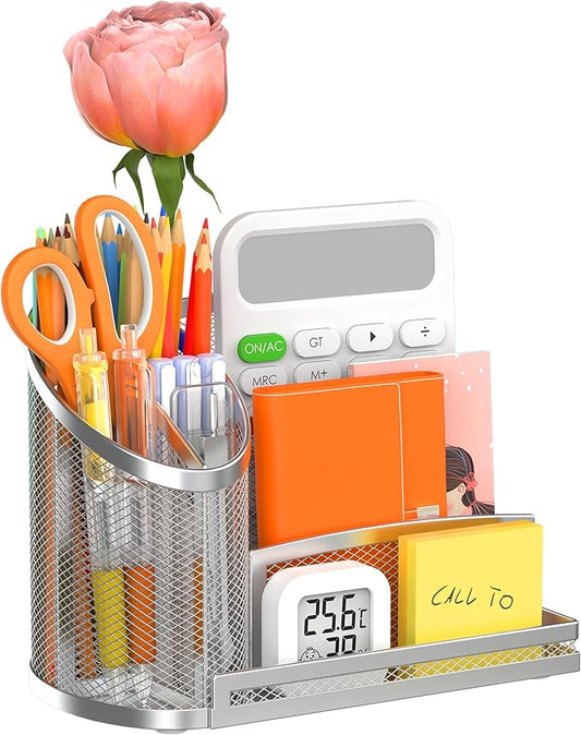 OrgMate 3 Compartment Pen Holder with Vertical Mail Organizer and Flower Tube, Metal Mesh Desk Organizer Modern Decor Aesthetic-Paper Letter Sorter Ideal for Pencil,Envelope and File(Silver)